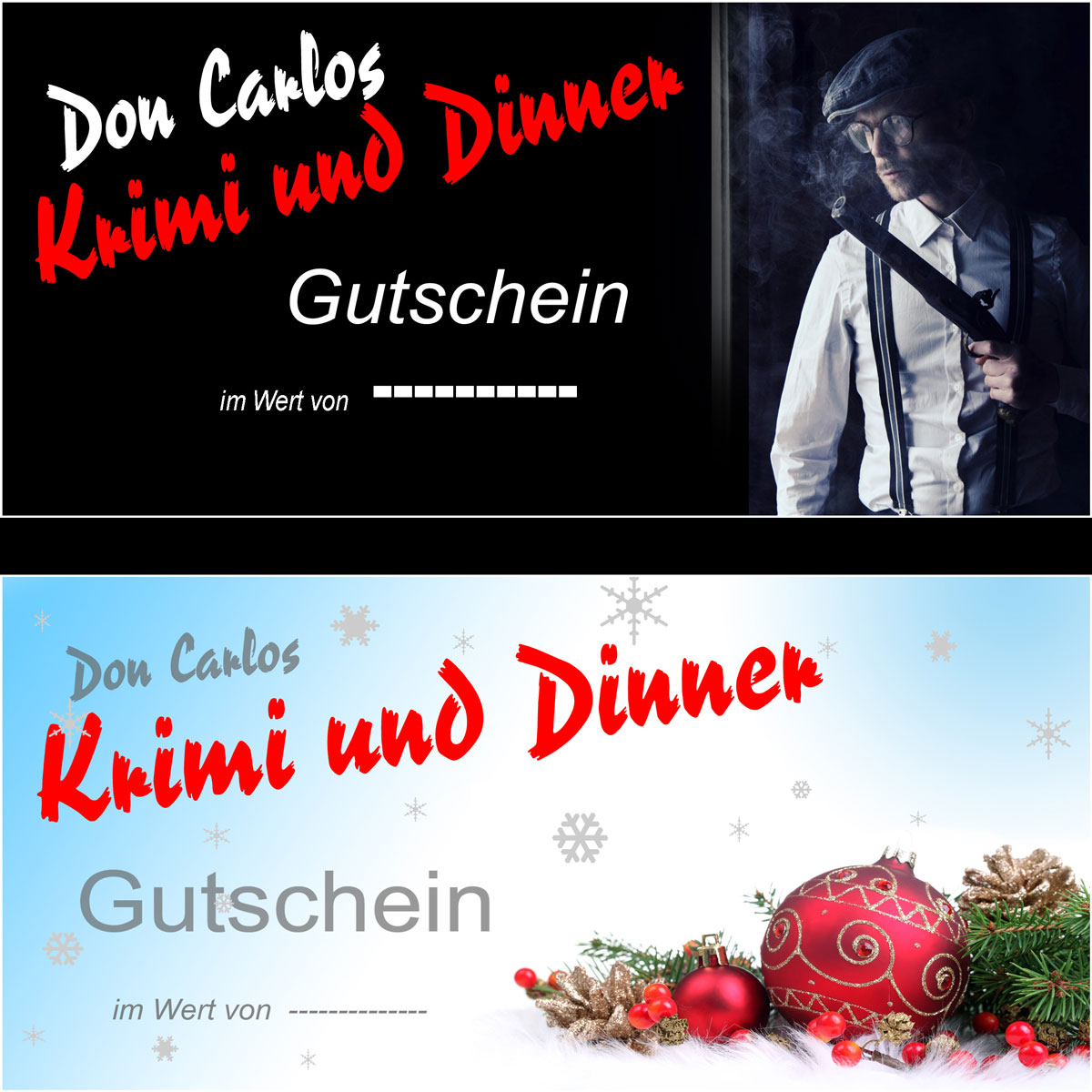Geschenkgutschein für ein Krimi und Dinner in 2 unterschiedlichen Designs